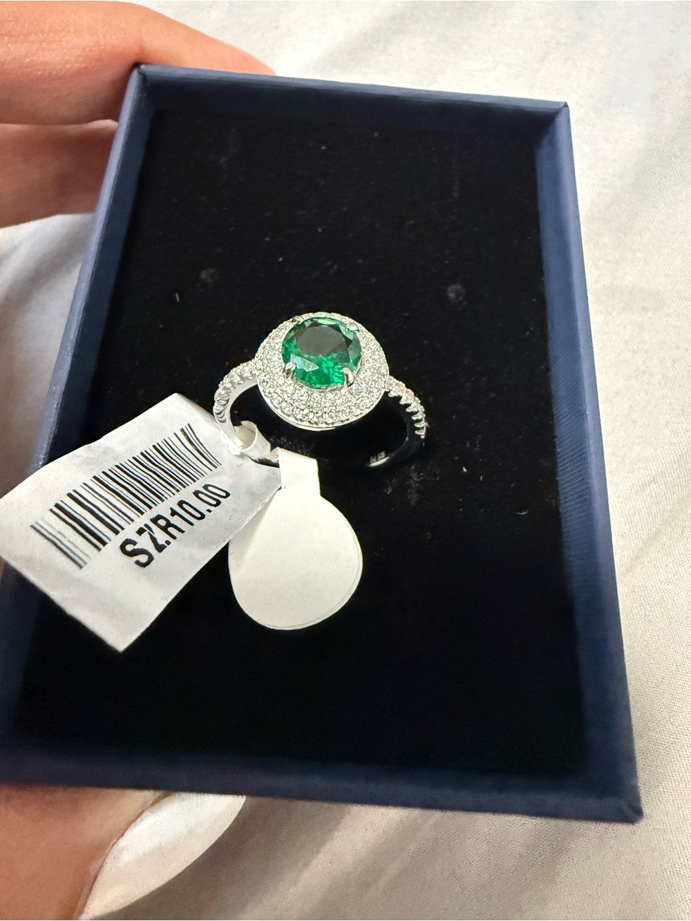 Emerald-Center Silver Halo Ring with Diamond accent  - Green